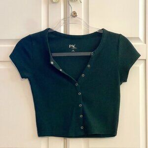 Pacsun, Dark Green, Cropped and Buttoned T-shirt, XS
